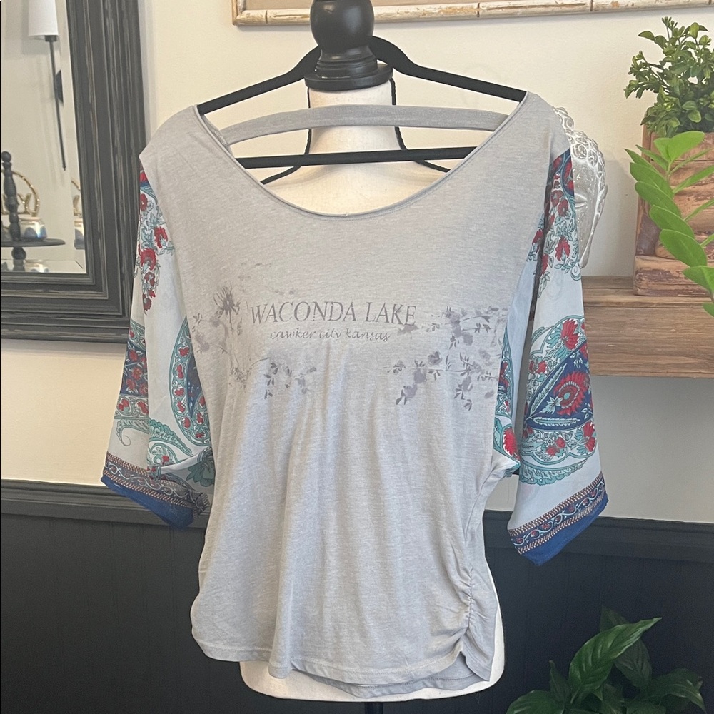 Free People Gray Paisley Sleeve Blouse